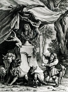Allegorisch portret van Jean de La Fontaine (1621-95) omringd door dieren uit zijn fabels